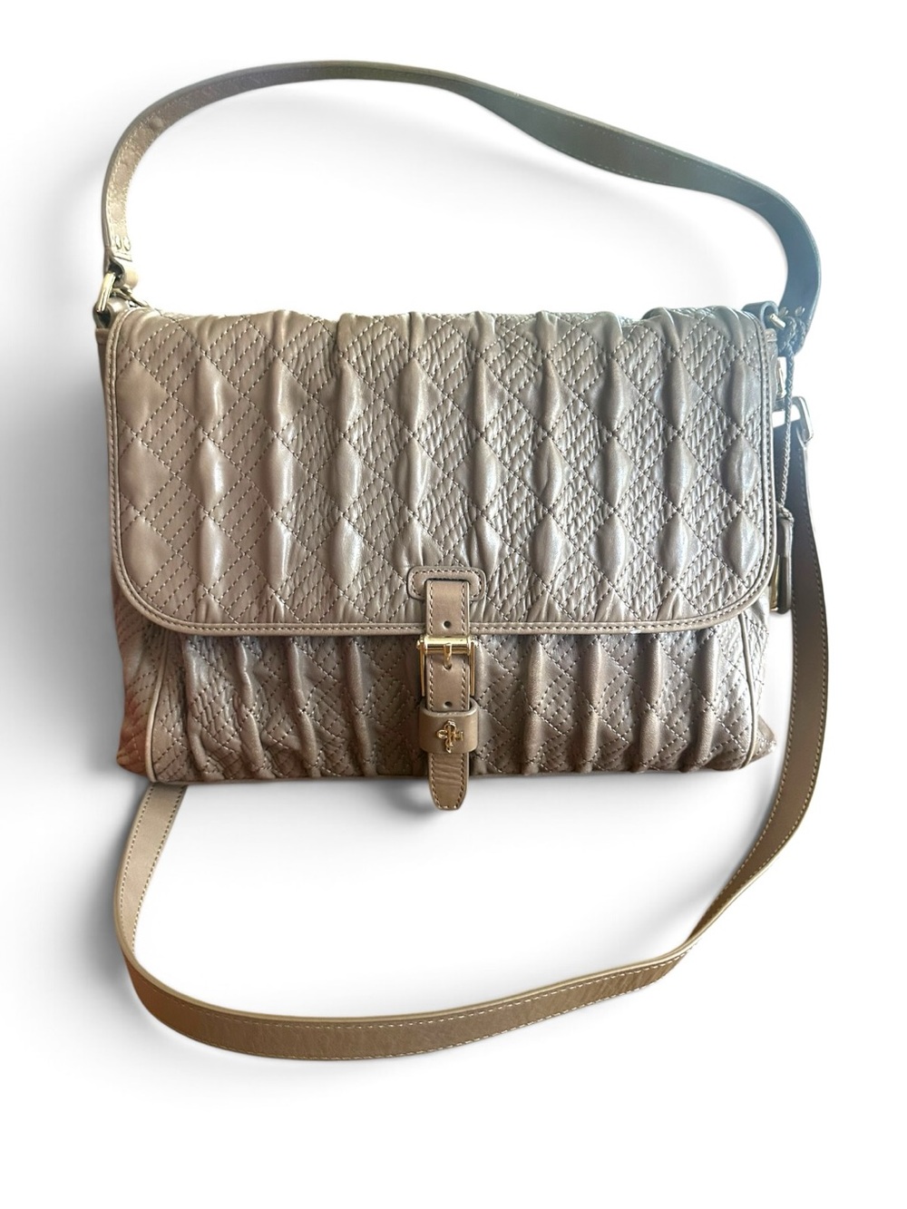 Cole Haan Taupe Quilted Leather Convertible Shoulder Crossbody Messenger Bag
